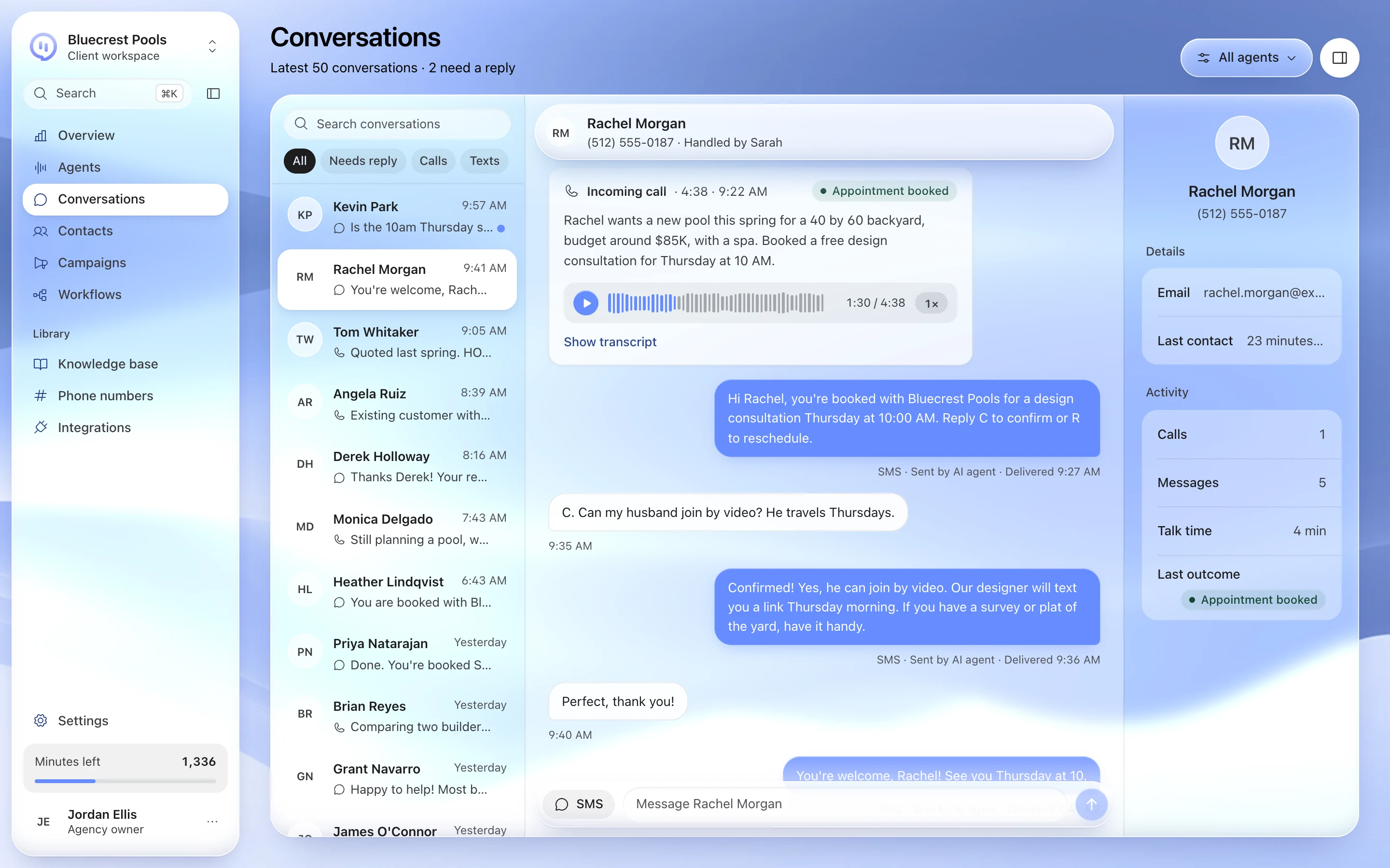 Wave Runner inbox: a booked call with summary and recording, then the confirmation text thread